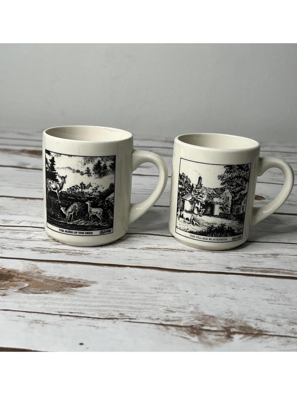 Currier & Ives Coffee Mugs Set of 2 Cream Black‎ Scenes Vintage Style OS